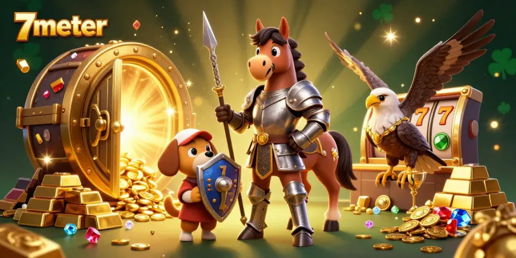 Bet on 7meter's exciting slots and casino games amidst a treasure-filled scene.