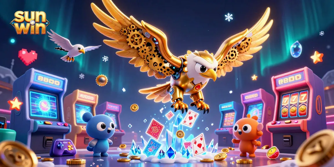 Engage with sun win themed casino games featuring a cybernetic eagle and arcade elements.