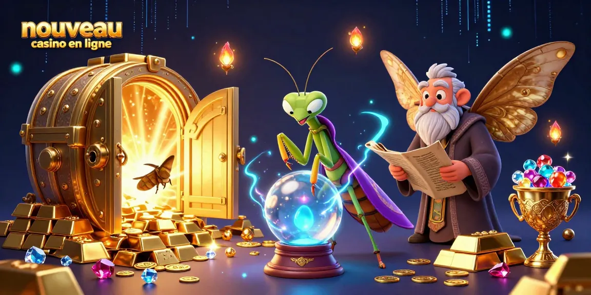 Plongez dans l'univers du nouveau casino en ligne avec des personnages mystiques entourés de trésors scintillants.