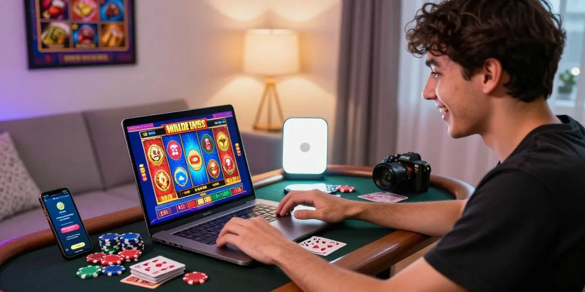 Engaged player at a credit card casino enjoying vibrant online gaming on a laptop in a cozy home setting.