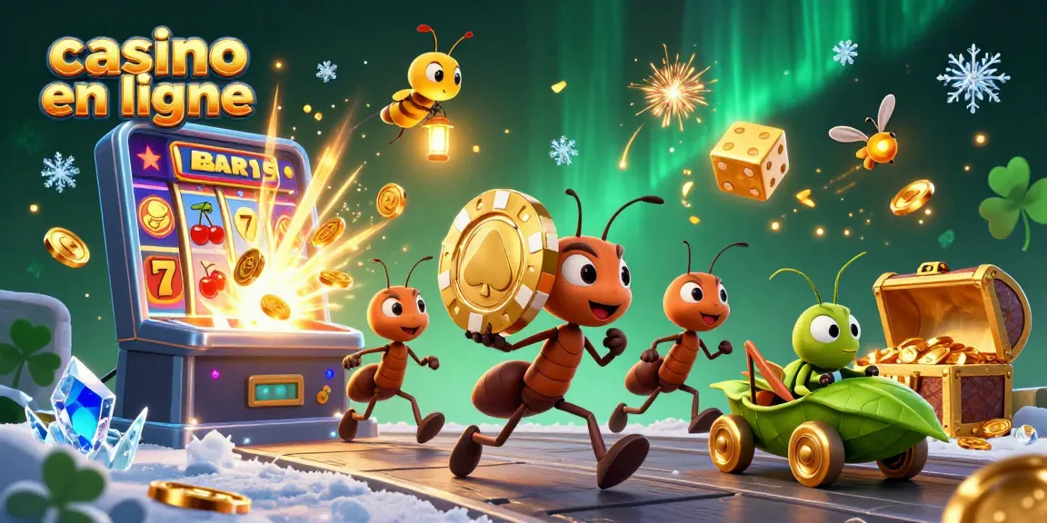 Des fourmis volent avec un jeton de poker dans un tunnel dans un casino en ligne vibrant.