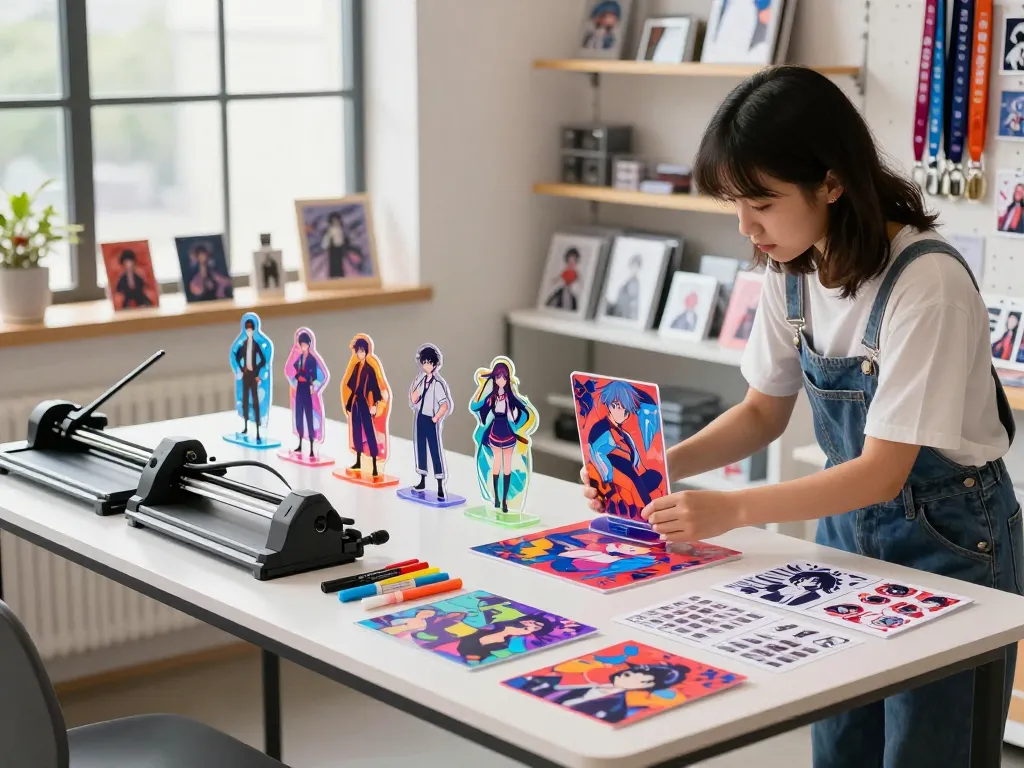 Designer arranging colorful acrylic standees in a bright creative workspace, showcasing custom designs and vibrant colors.