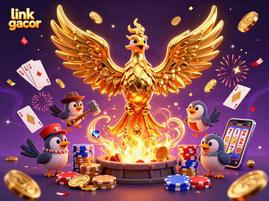 Experience thrilling link gacor action with a golden phoenix surrounded by casino elements, coins, and vibrant confetti.