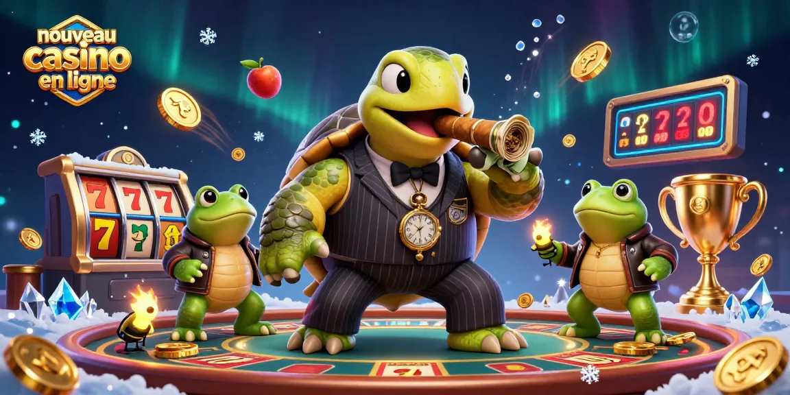 Illustration animée d'un nouveau casino en ligne avec une tortue géante et des grenouilles protectrices, illuminé par des lumières de casino.