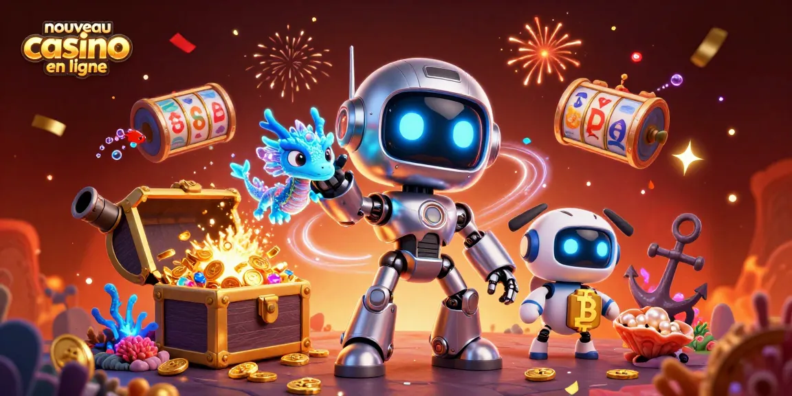 Plongez dans un nouveau casino en ligne avec un robot cartoon, un dragon en hologramme et un drone portant le symbole bitcoin.
