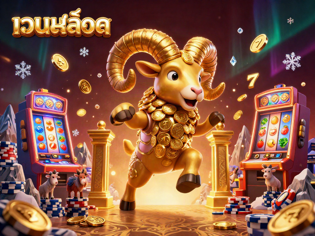 Spin the reels at เว็บสล็อต with a charging golden ram amidst vibrant casino elements.