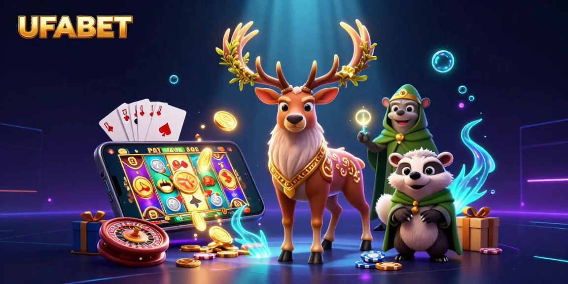 Play exciting games at UFABET with immersive 3D illustration featuring unique characters and vibrant casino elements.
