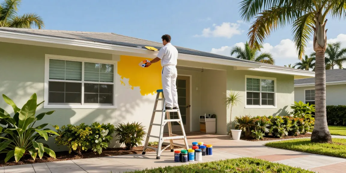 Painters in Sarasota County FL transforming a home with vibrant colors, showcasing craftsmanship and tropical surroundings.