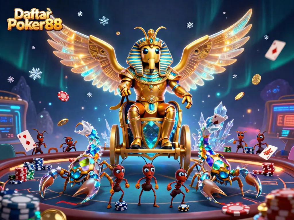 Play poker with Daftar Poker88 as a golden scarab beetle guides you through a vibrant game scene.