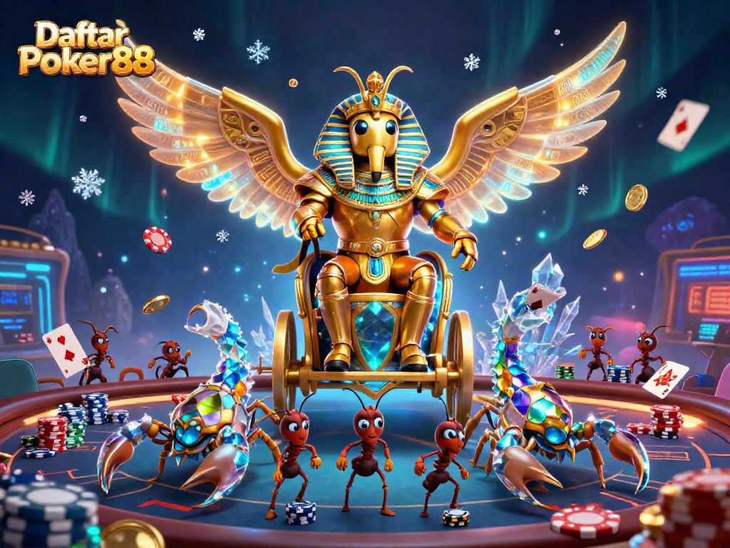 Play poker with Daftar Poker88 as a golden scarab beetle guides you through a vibrant game scene.