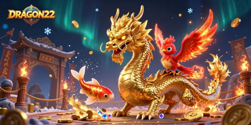 Experience thrilling gameplay with DRAGON222's fierce dragon and golden koi in an action-packed casino scene.