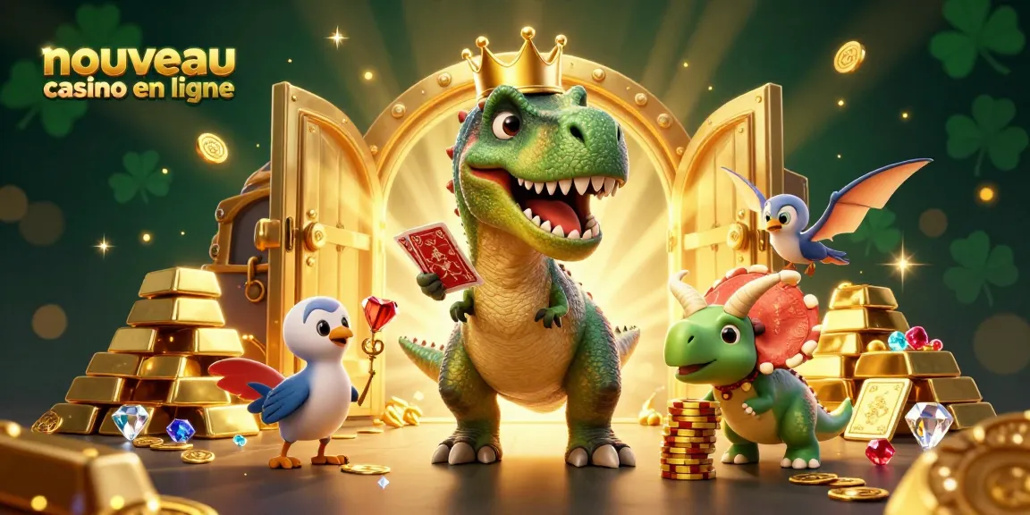 Découvrez un nouveau casino en ligne avec un T-Rex jouant aux cartes et des triceratops empilant des jetons d'or.