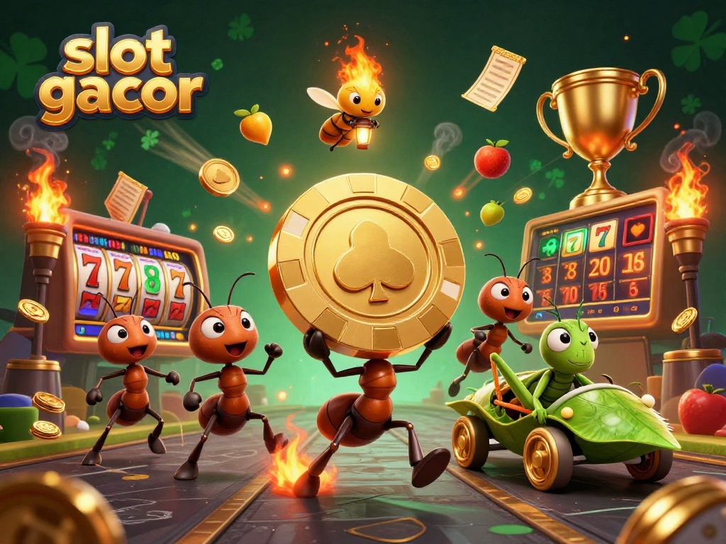 Semut mengangkut chip poker emas dengan elemen slot gacor dalam suasana kasino yang berkilau.