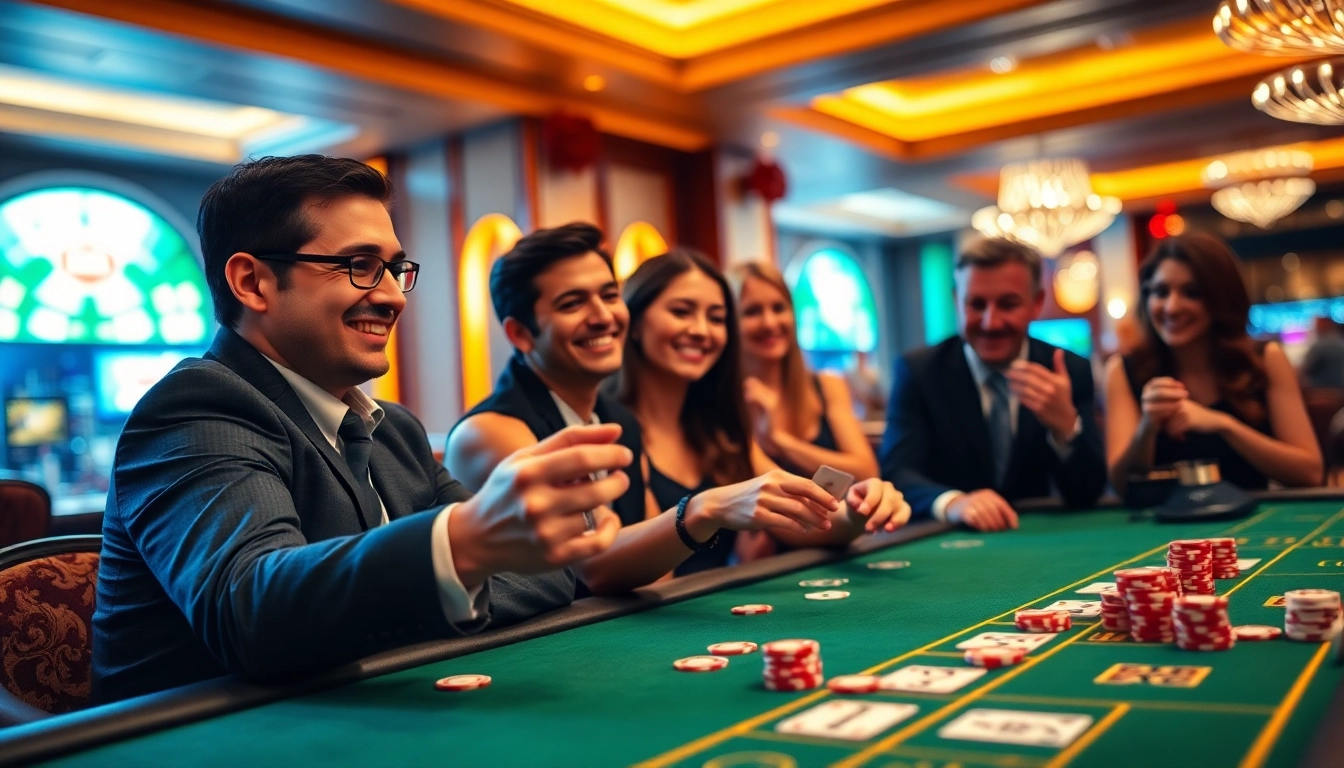 Slot permainan interwin yang menarik dengan pemain menggunakan chip dan kartu di meja.