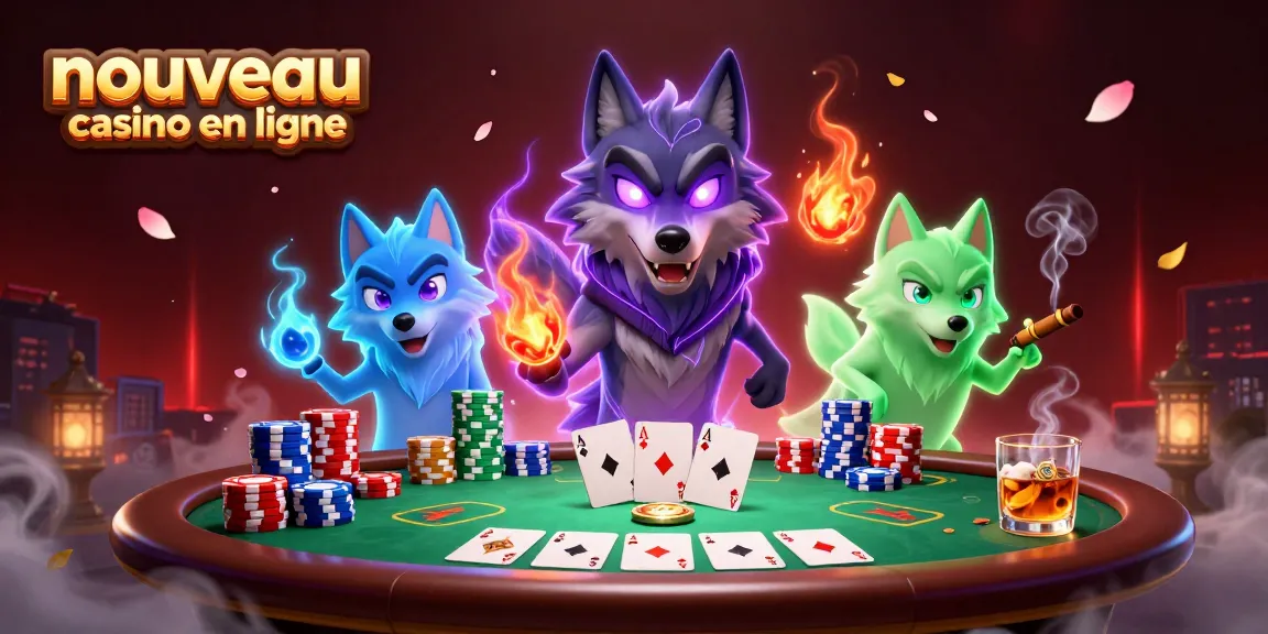 Plongez dans le nouveau casino en ligne avec une illustration dynamique de loups spectres jouant au poker.
