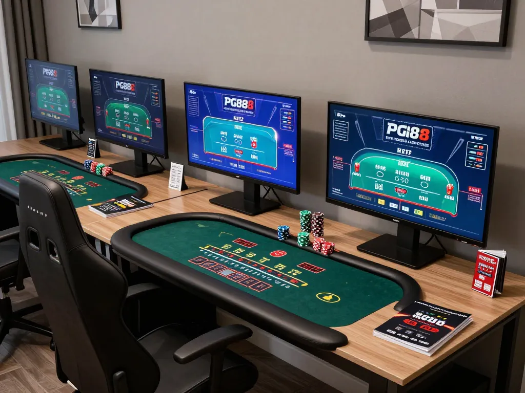 Play strategic blackjack at PG88 while enjoying a modern home gaming setup with multiple screens.