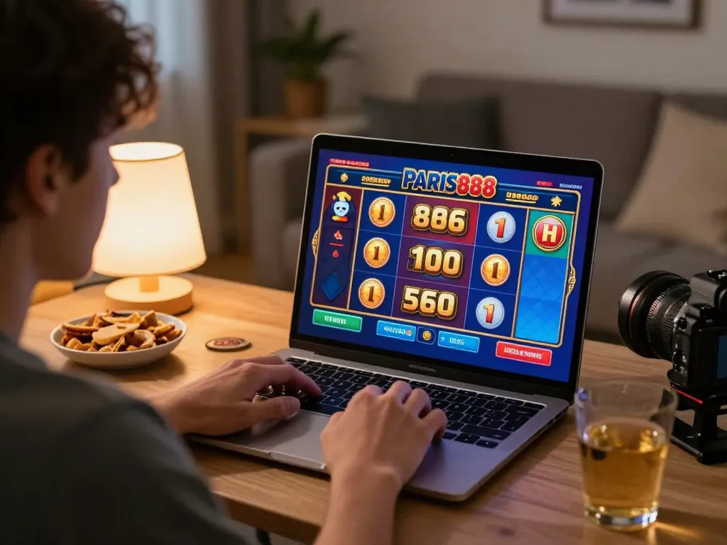Engaging player enjoying Paris888 slot game on a laptop with snacks and warm lighting.