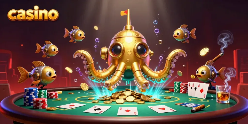 Experience thrilling casino action with a golden kraken submarine and poker elements.