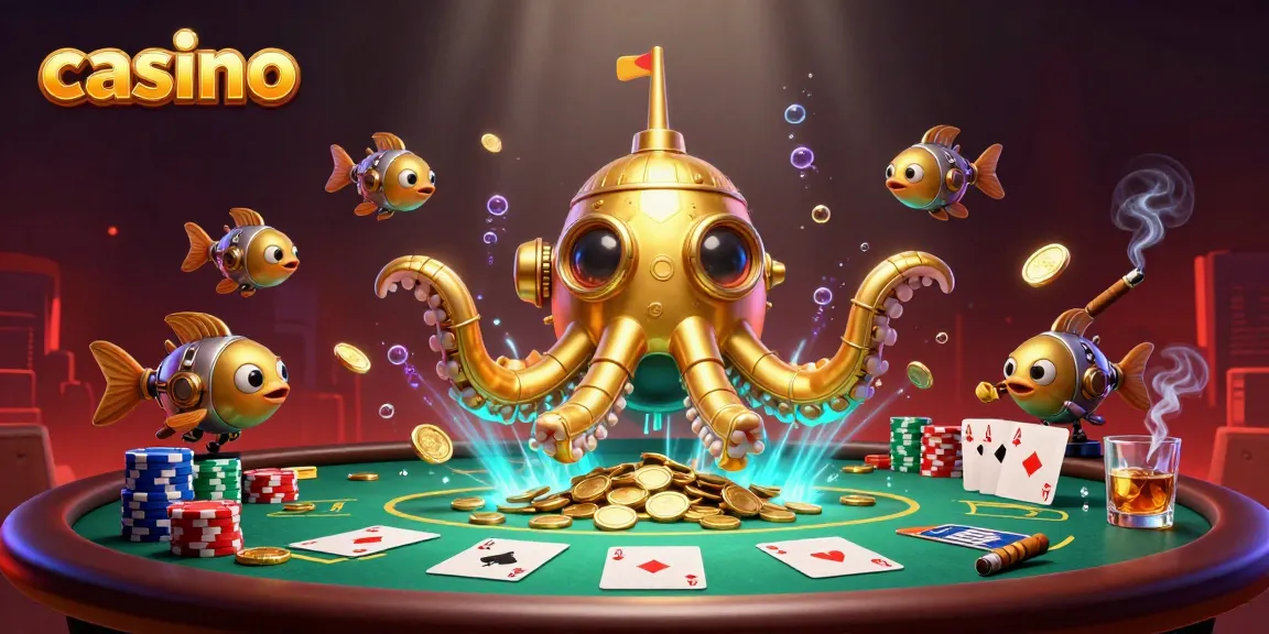 Experience thrilling casino action with a golden kraken submarine and poker elements.