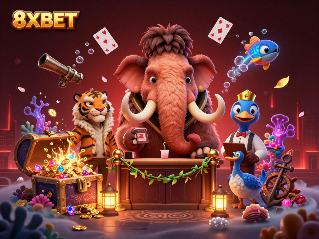 Engage with the thrilling experience of 8XBET featuring lively casino characters amidst underwater treasures and colorful gems.