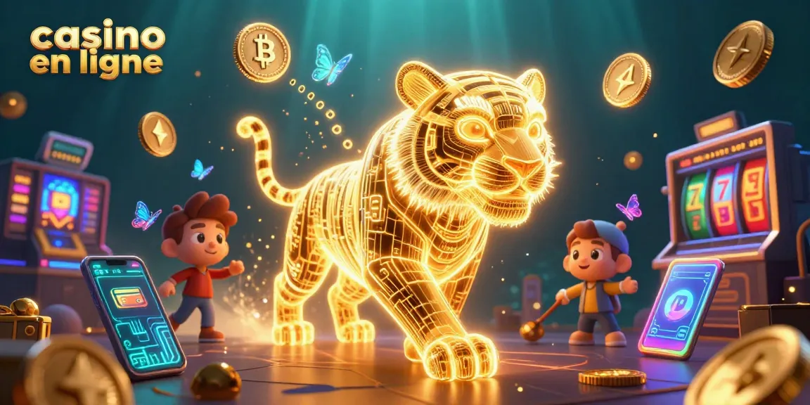 Jouez aux machines à sous dans un casino en ligne futuriste avec un tigre lumineux et des effets crypto.