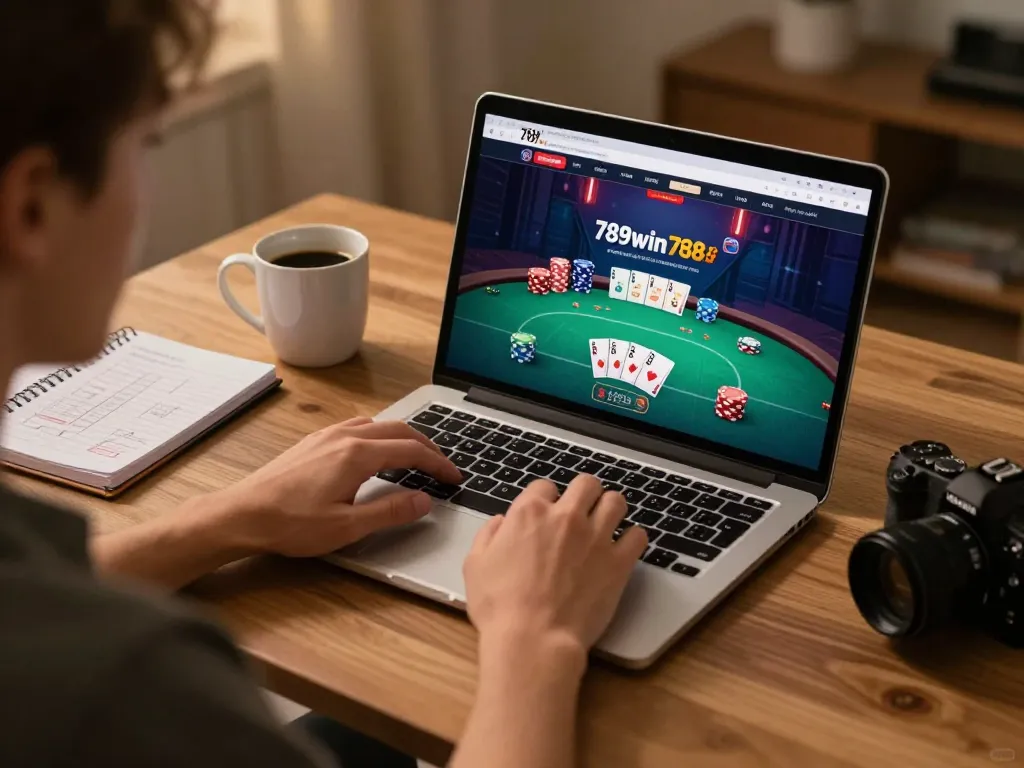 Enjoying online poker gameplay on 789win788 interface in a cozy home setting.