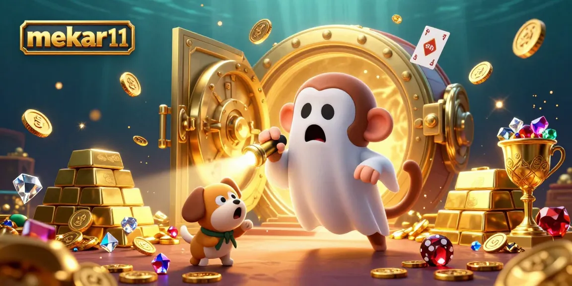 Experience the excitement of mekar11 with a vivid 3D cartoon illustration of a ghost-hunting puppy and a mischievous poltergeist monkey in a bustling casino.