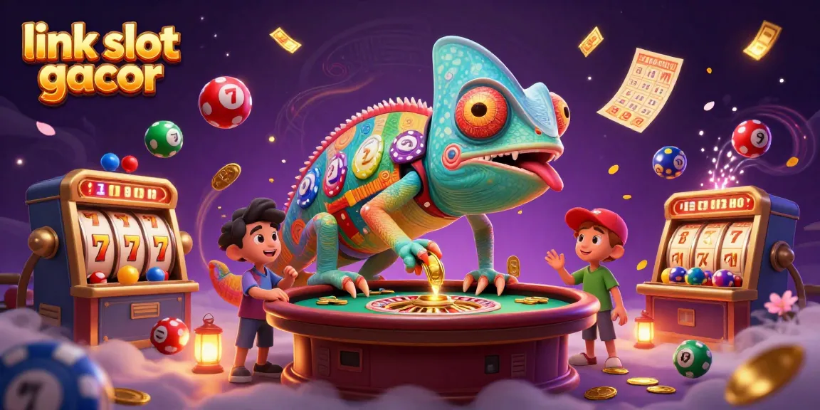 Engage with link slot gacor featuring a vibrant casino scene with interactive elements like colorful lottery balls.
