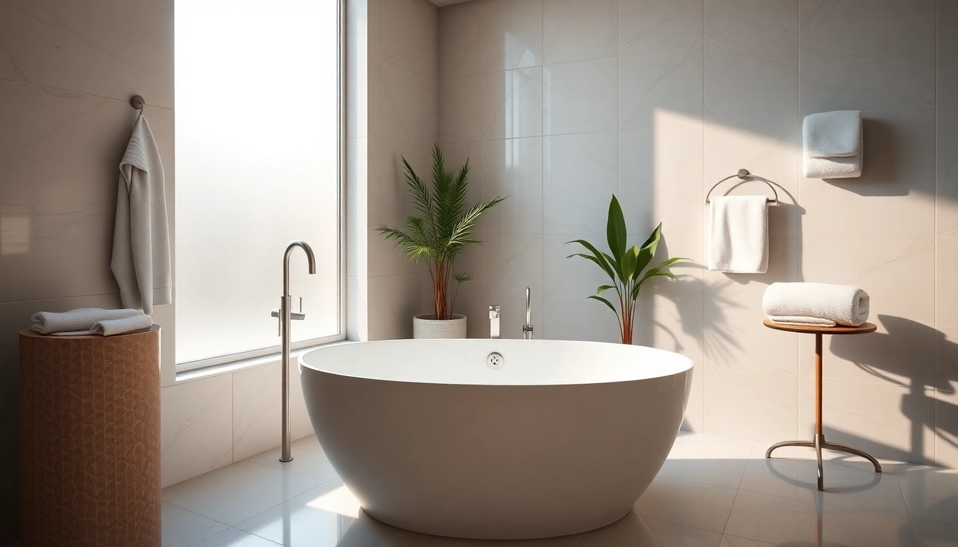 Vasca da bagno elegante in un bagno luminoso con decorazioni moderne.