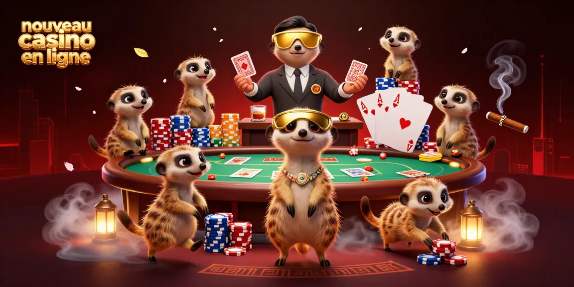 Des meerkats en train d'organiser un nouveau casino en ligne avec des éléments de jeu et des lumières éblouissantes.