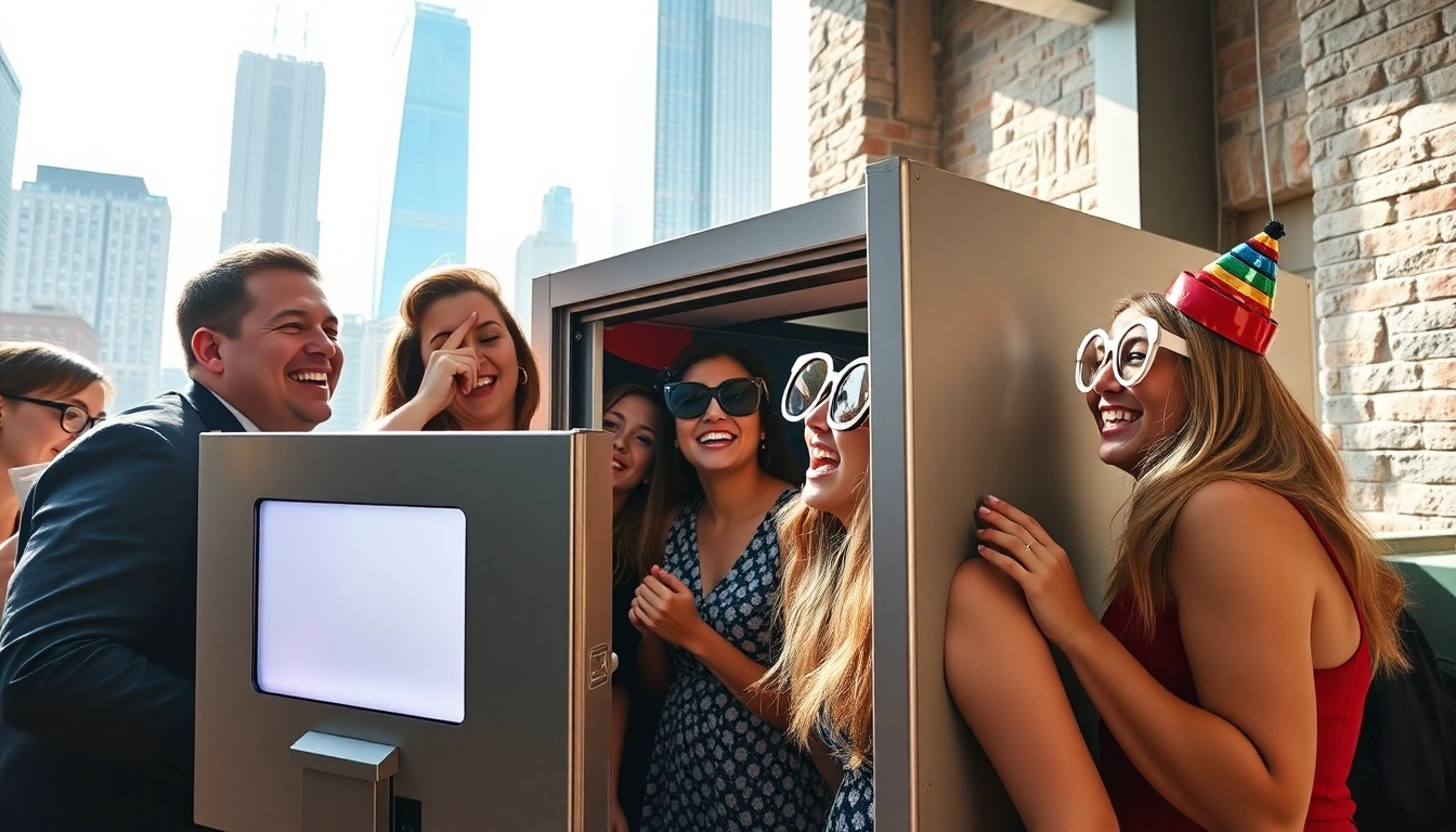 Engaging photo booth chicago capturing joyful moments at an event with city skyline backdrop.