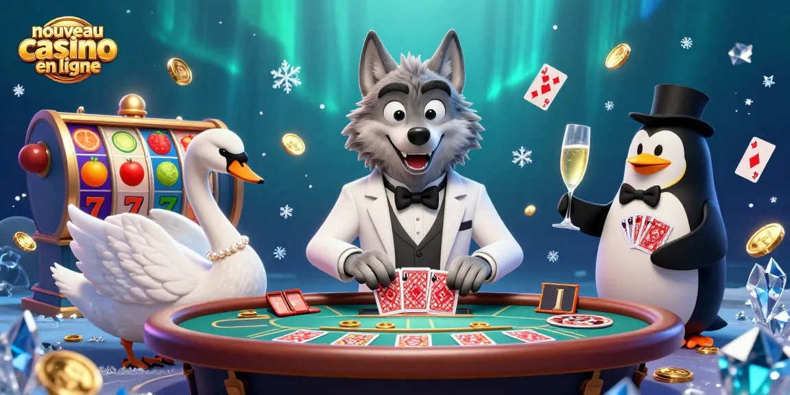 Illustration captivante du nouveau casino en ligne avec un loup élégant et ses amis dans une scène dynamique