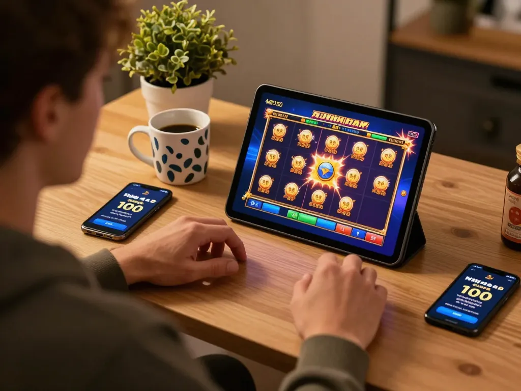 Engaging in an online slot bonus new member 100 session using a tablet, showcasing vibrant game interface and cozy atmosphere.