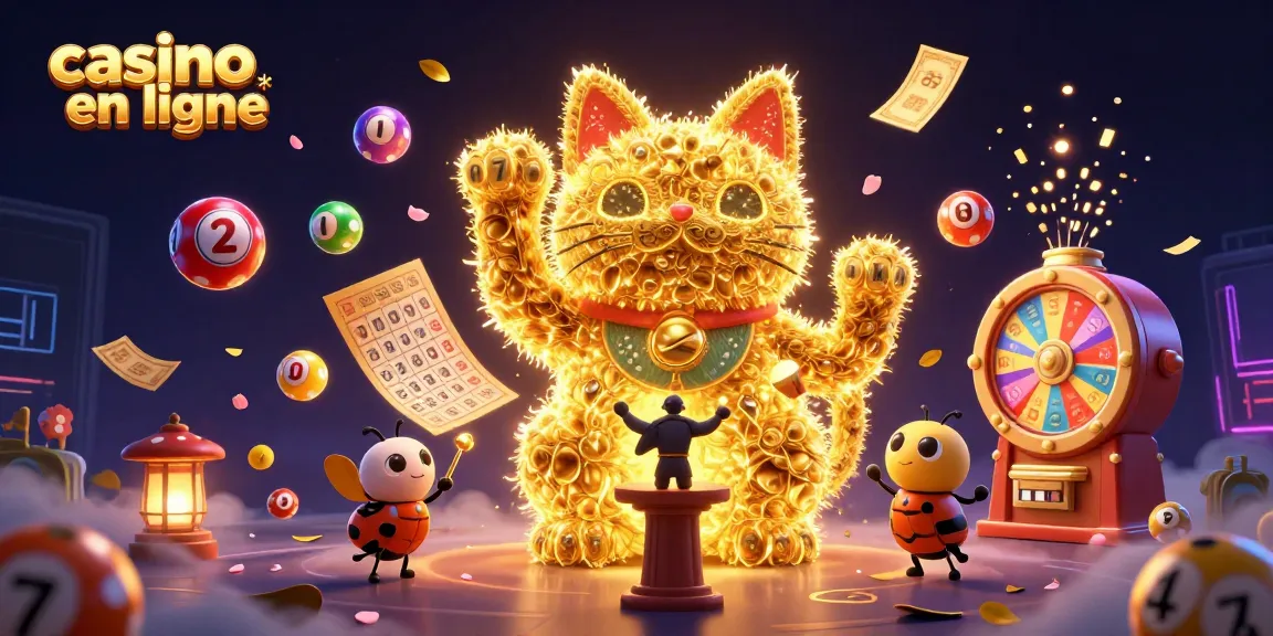 Jouez sur un casino en ligne fascinant avec un chat porte-bonheur entouré de jeux colorés.