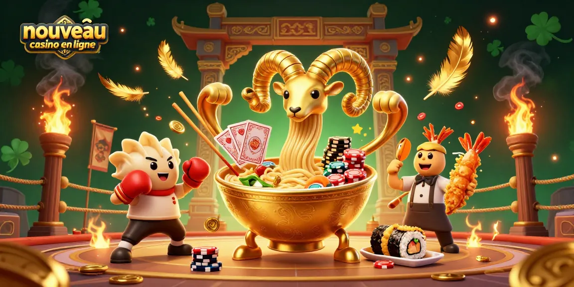 Illustration dynamique d'un nouveau casino en ligne avec un bol de ramen géant distribuant des cartes et des jetons.