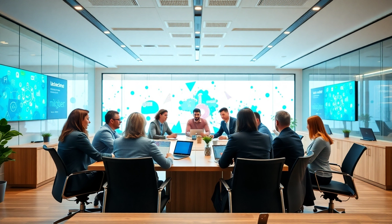 Innovative digital marketing company team strategizing in a modern office.