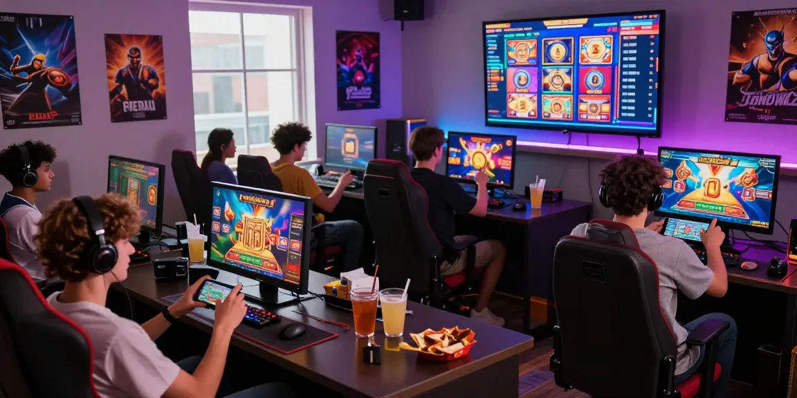 Exciting group of players enjoying apk slot games on mobile devices in a lively gaming setup.