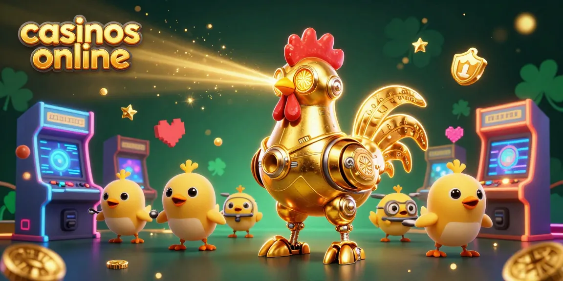 Gana en casinos online con un robot dorado retro-futurista y drones siguiendo su camino.
