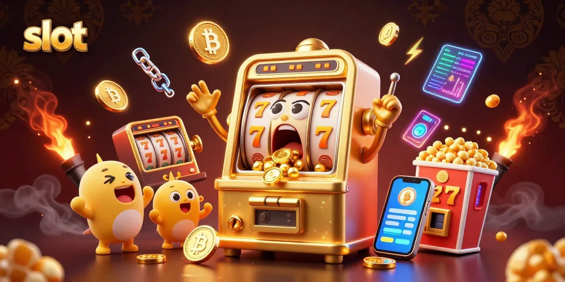 Spin the slot machine, revealing winnings while Bitcoin and Ethereum coins surround the vibrant scene.