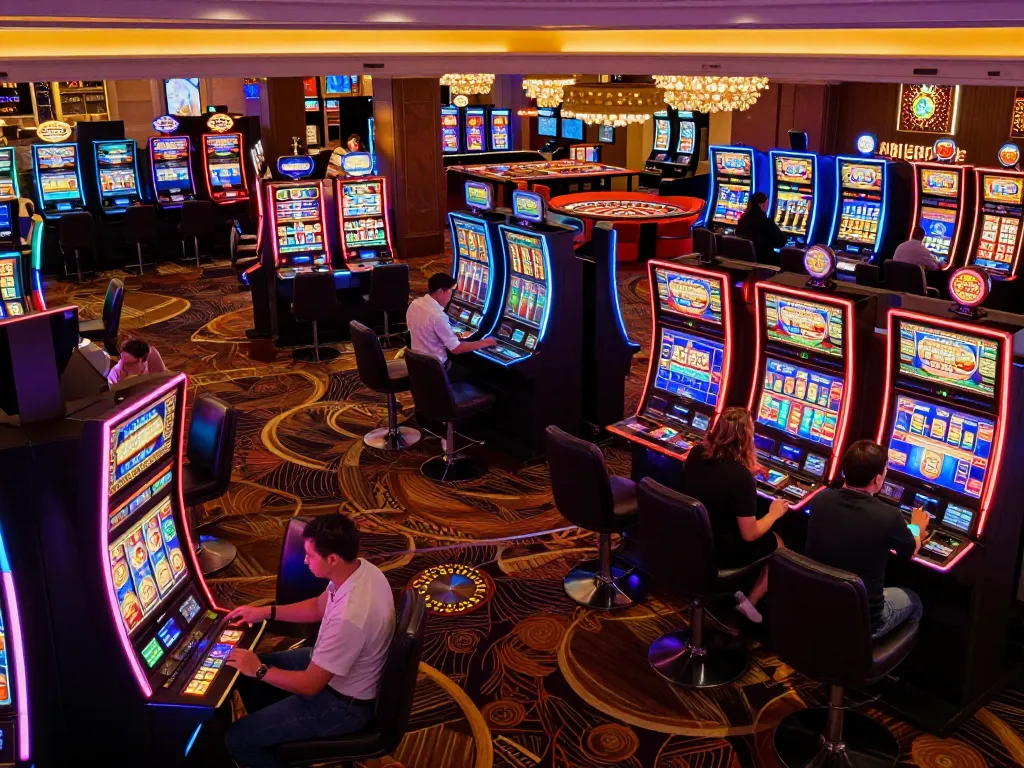 Players engaged at the Website MM88 casino gaming floor, enjoying slots and roulette in a vibrant atmosphere.