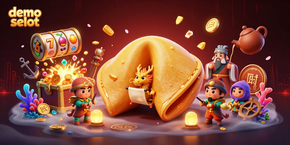 Engage with the exciting demo selot experience featuring a giant golden fortune cookie and vibrant slot elements.