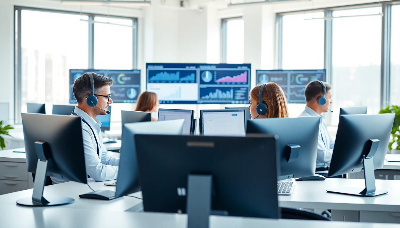 Agents utilizing call centre software in a modern office, enhancing customer service efficiency.