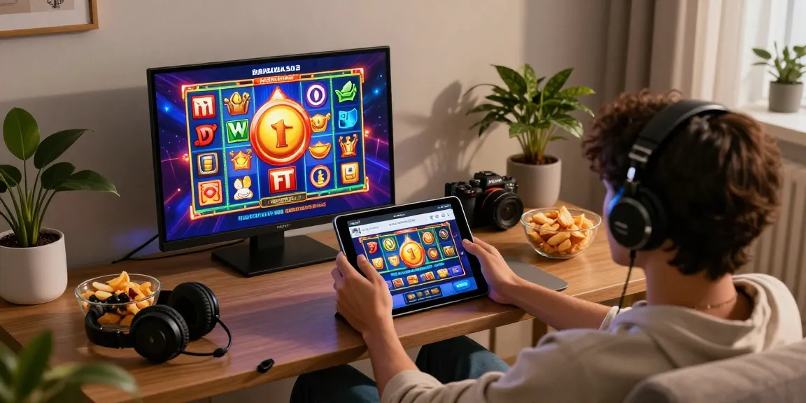 Immersive scene of a user playing slot depo 1000 games on a tablet, surrounded by vibrant slot machines and gaming accessories in a cozy living room.