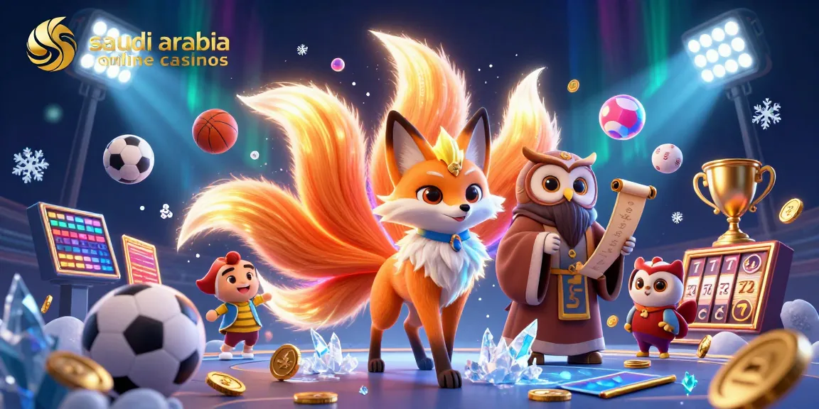 Engaging illustration of saudi arabia online casinos with a colorful nine-tailed fox and owl sage.