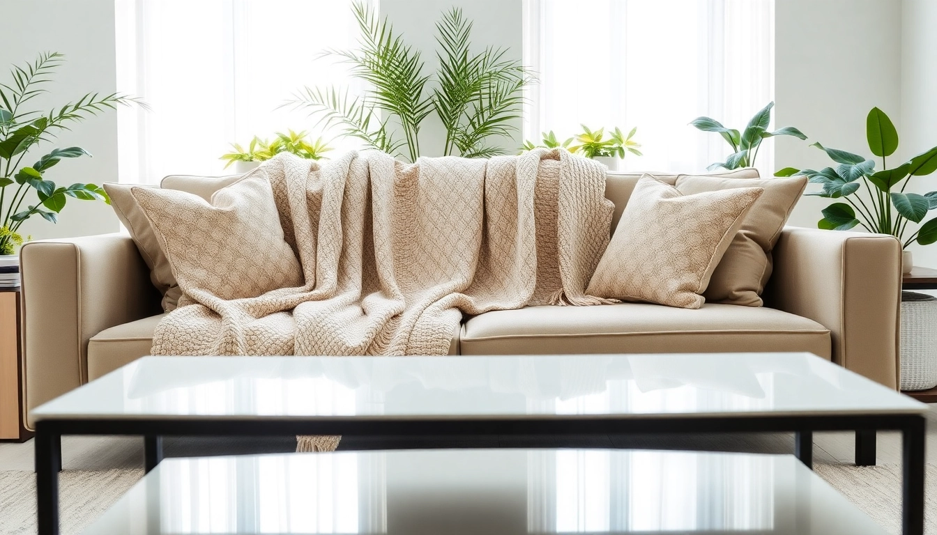 Beklede sofa met zacht bouclé stof in een stijlvolle woonkamer.