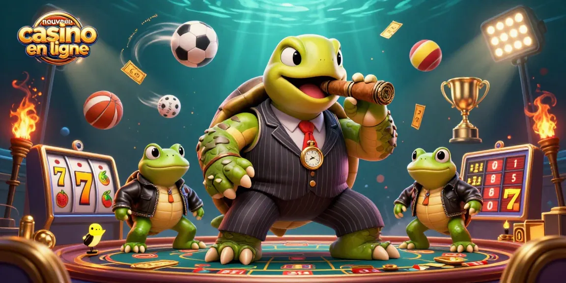 Illustration 3D d'un nouveau casino en ligne avec des personnages de tortue et grenouilles, captivant l'atmosphère des jeux.