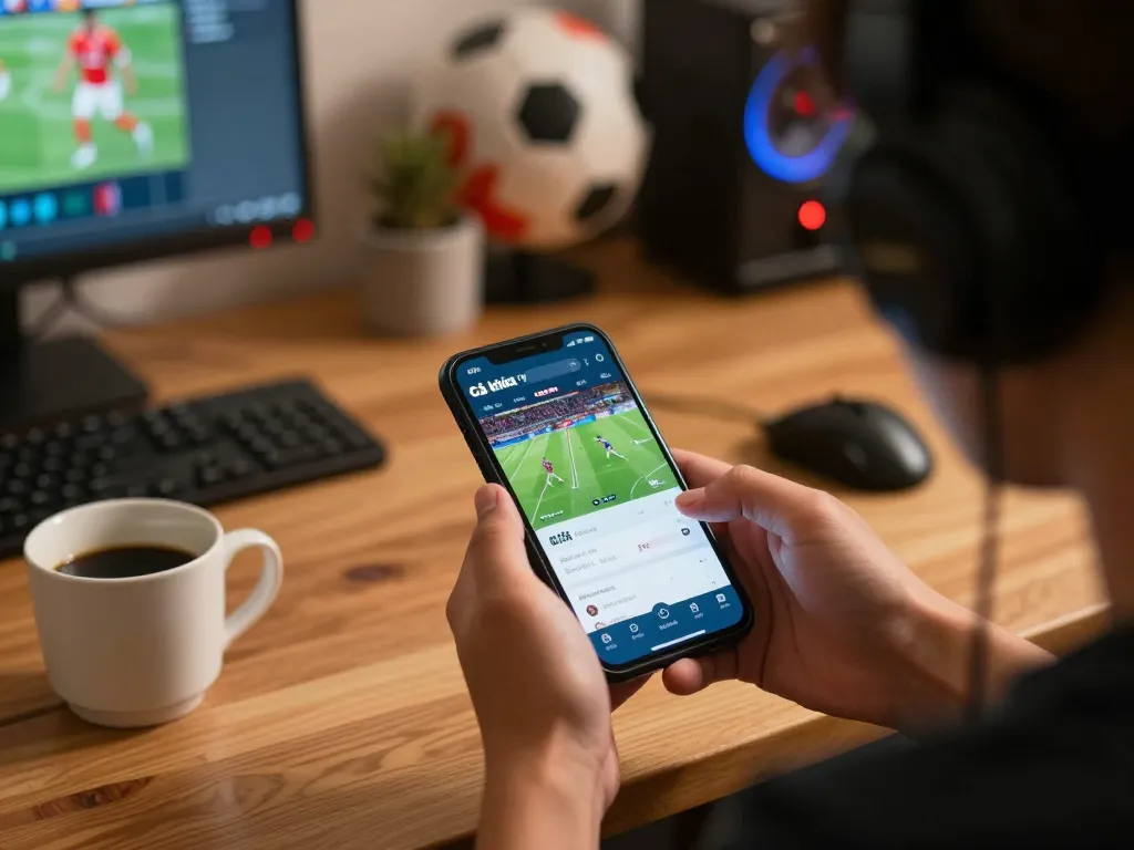 Person excitedly engaging with Cà khịa tv app for live football matches on a smartphone in a cozy setting.