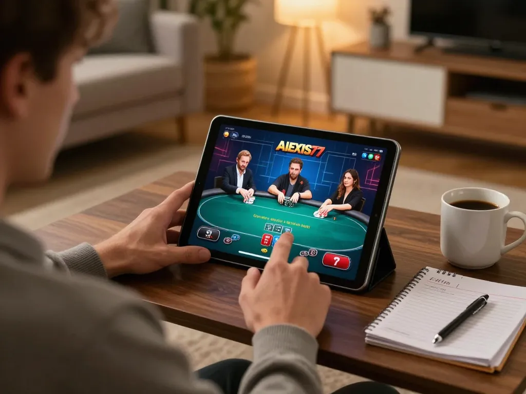 Engaging poker gameplay on the alexis77 platform while managing bankroll at home.