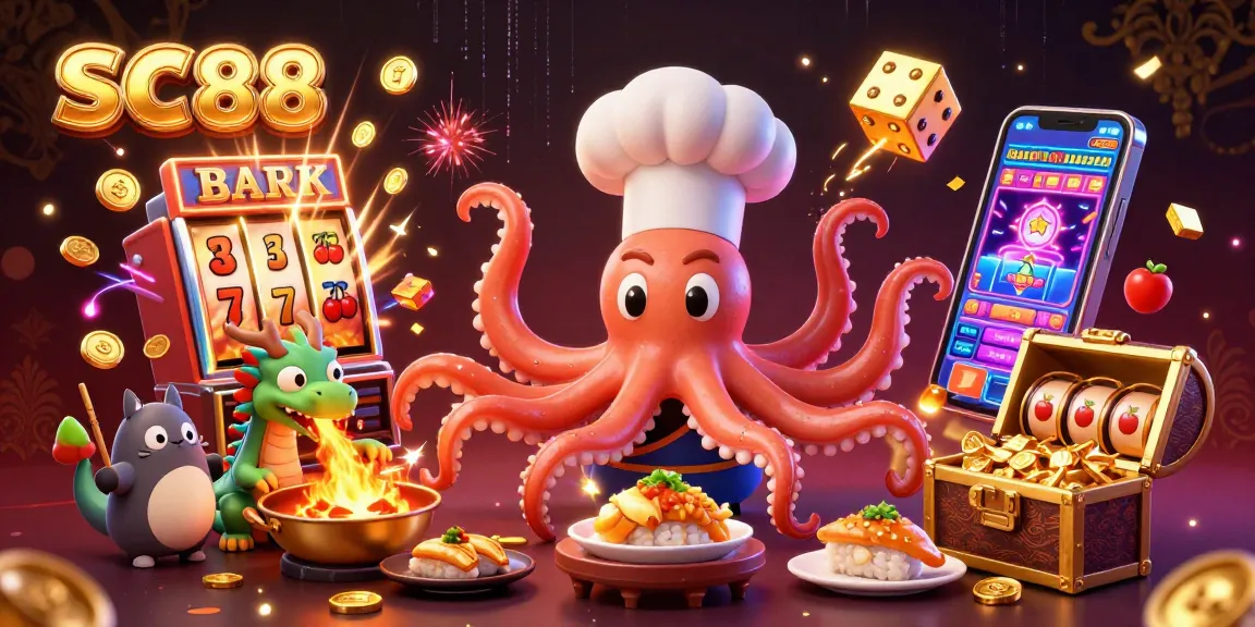 Spin to win at SC88 with a 3D sushi chef and dragon amid vibrant casino gaming elements.