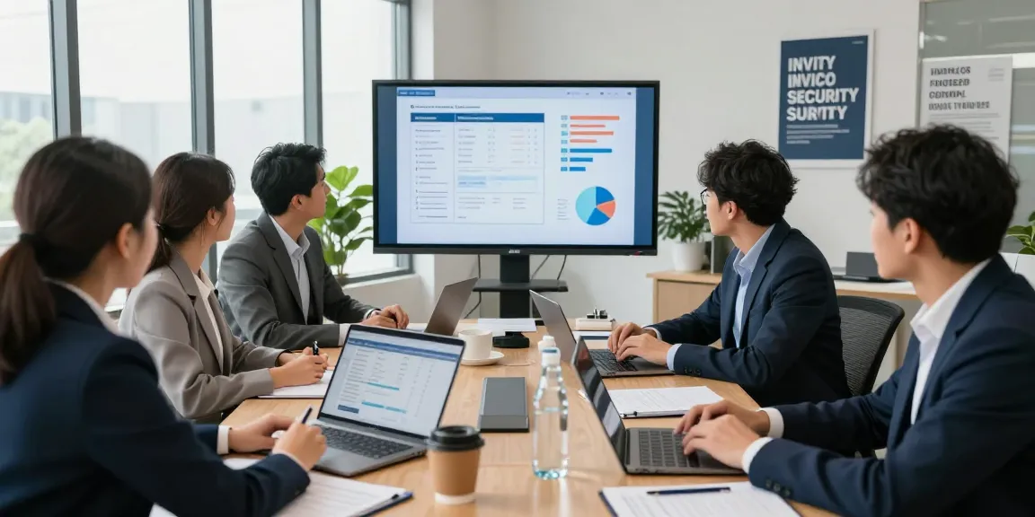 Professionals discussing strategies to detect fake invoice in modern office setting with charts and laptops.